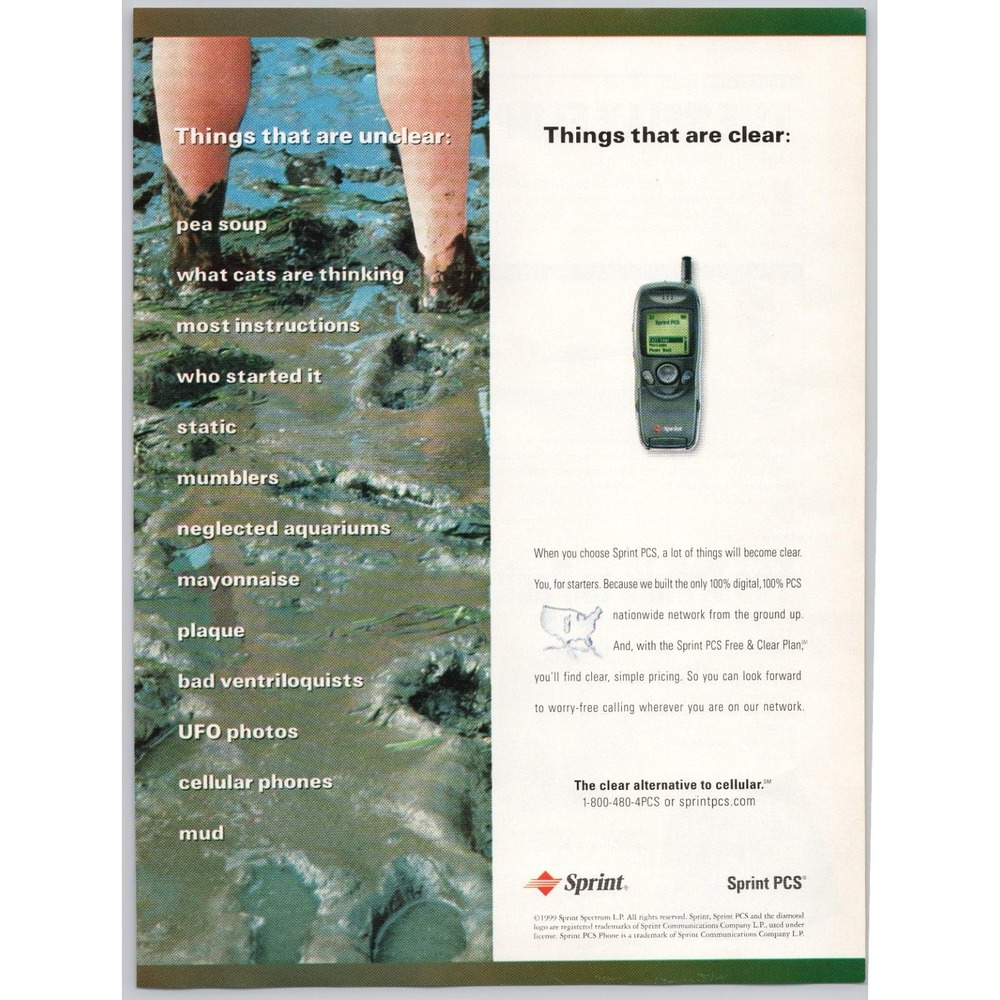 Sprint PCS Clear Alternative Cellular‎ Phone Mud Humor Vintage Print Ad 1999